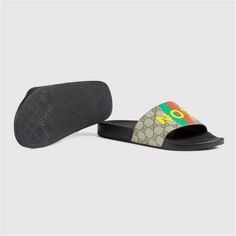 gucci men's 'fake/not' print slide sandals - beige multi|Men's Designer Slides .